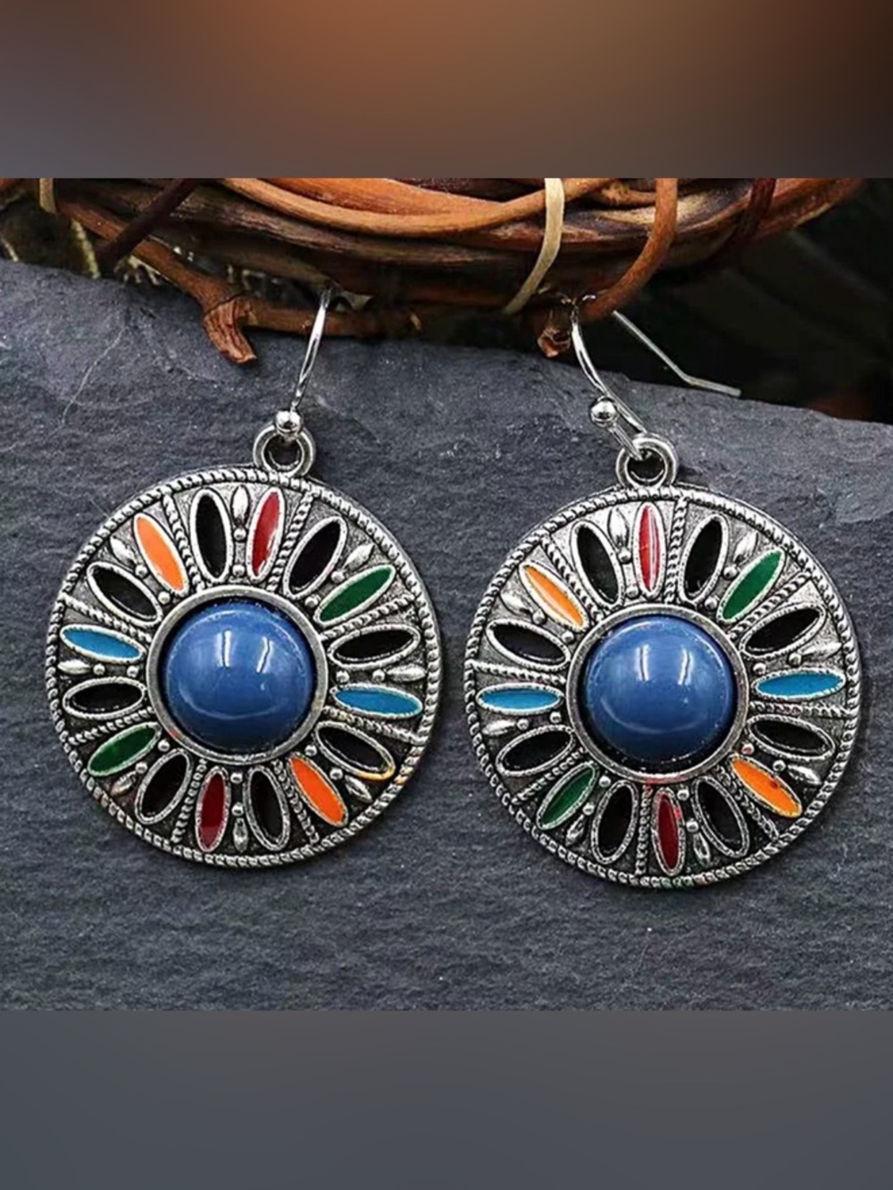 Bohemian Multicolor Stone Drop Earrings - Blue Center